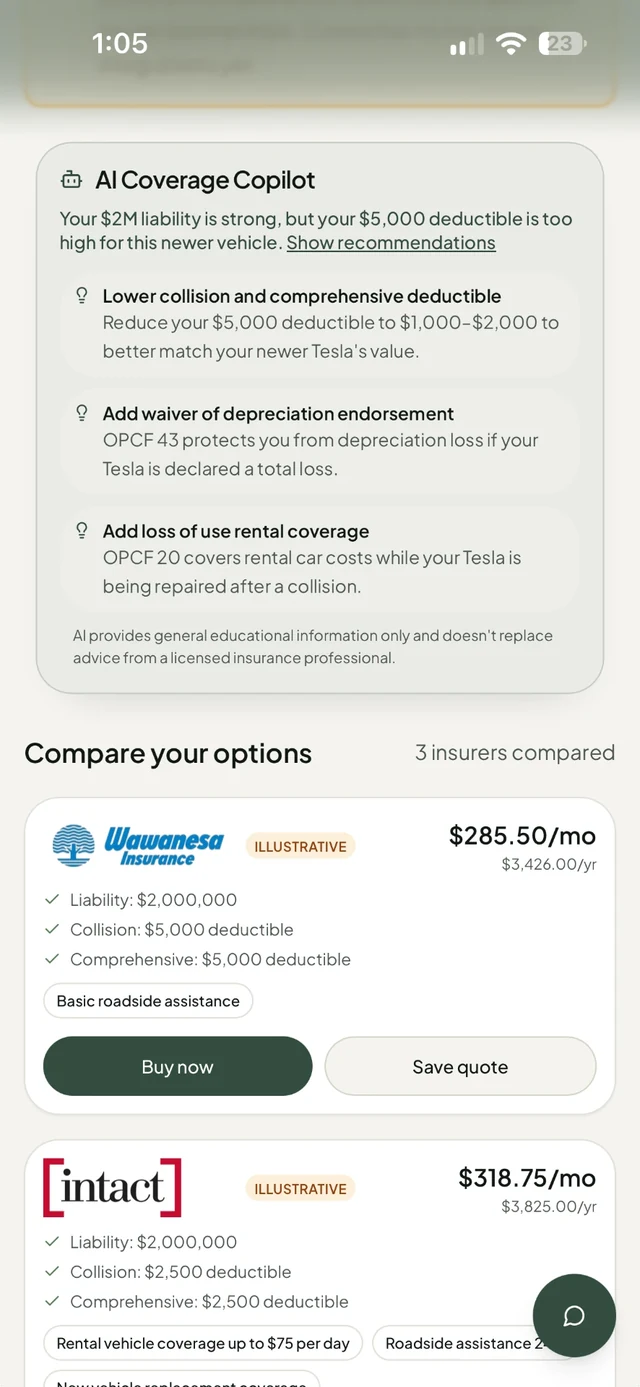 Covera AI Coverage Copilot preview explaining coverage options for a Tesla alongside sample auto insurance options.