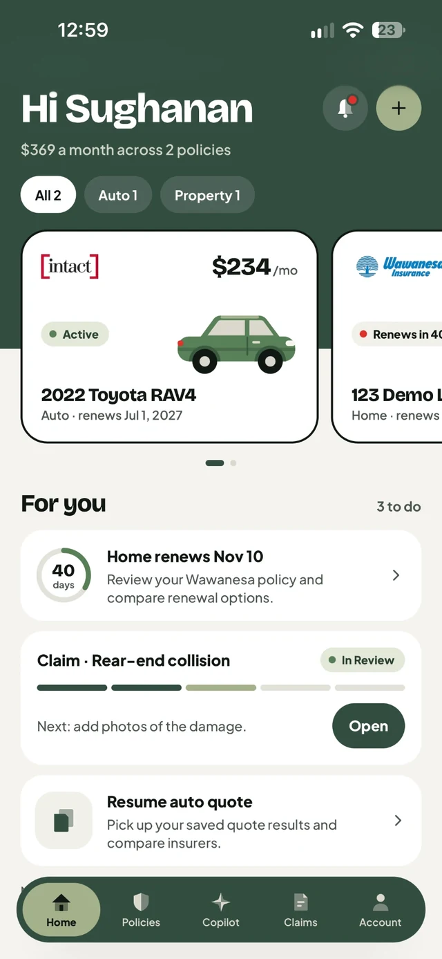Covera policy dashboard preview with a sample home policy and shortcuts to documents, coverage details and support.
