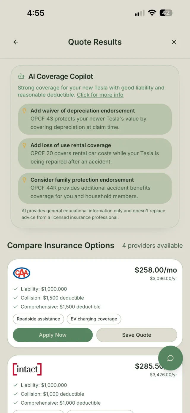 Covera AI Coverage Copilot preview explaining coverage options for a Tesla alongside sample auto insurance options.
