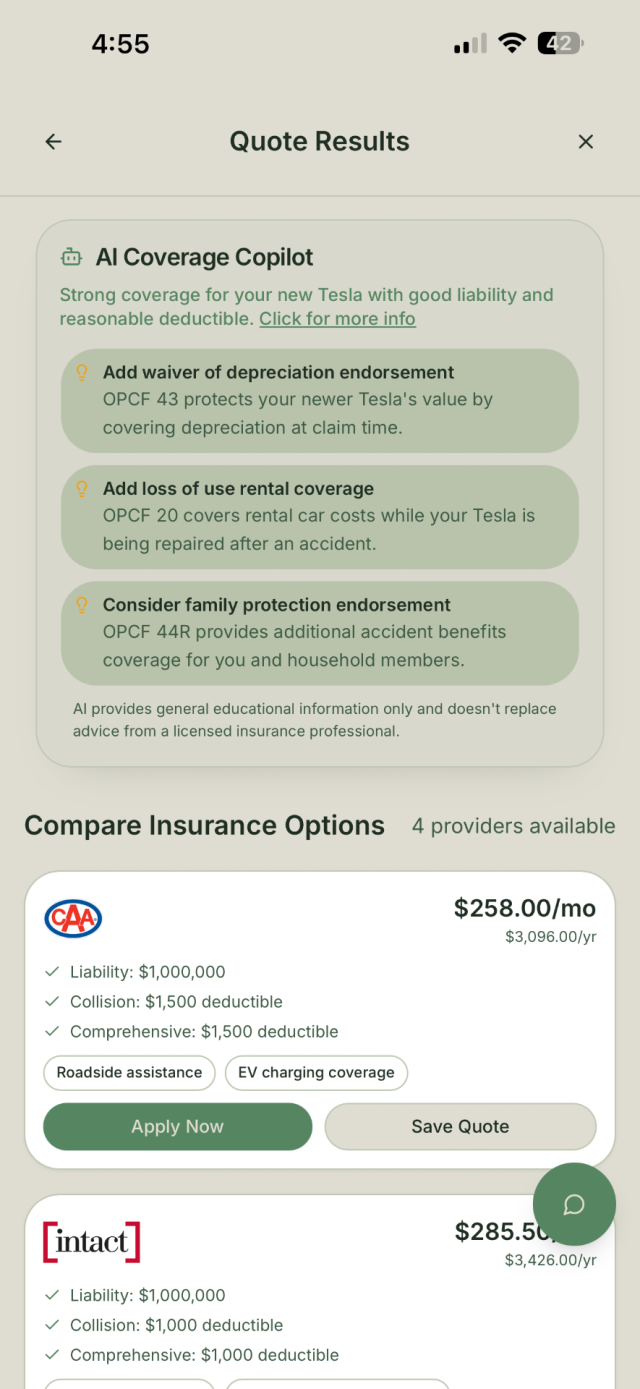 AI Coverage Copilot explaining Tesla auto coverage options