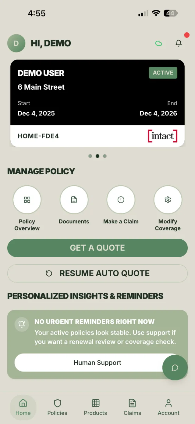 Covera policy dashboard preview with a sample home policy and shortcuts to documents, coverage details and support.