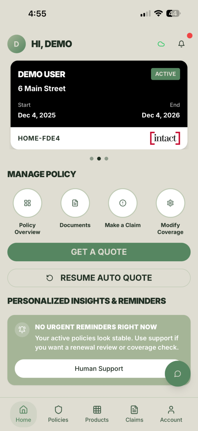 Active home insurance policy with manage policy actions