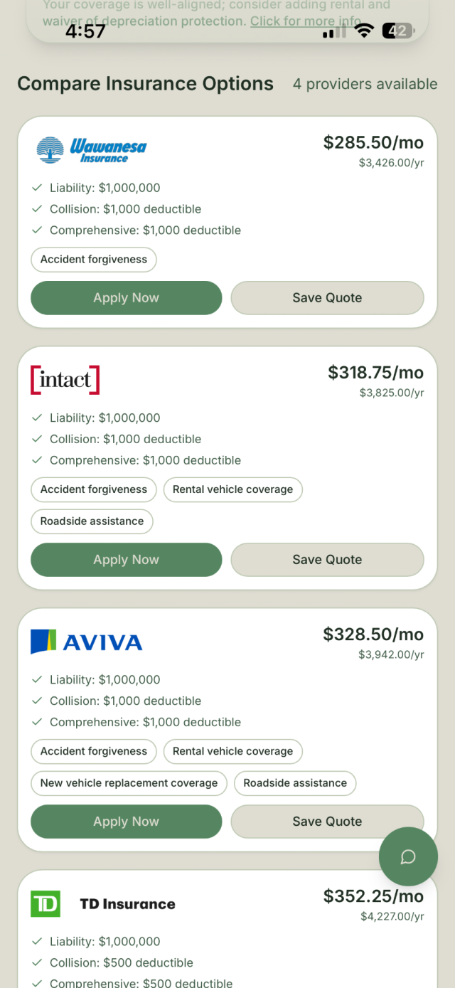 Quote results screen comparing CAA, Intact, Wawanesa, Aviva and TD auto quotes