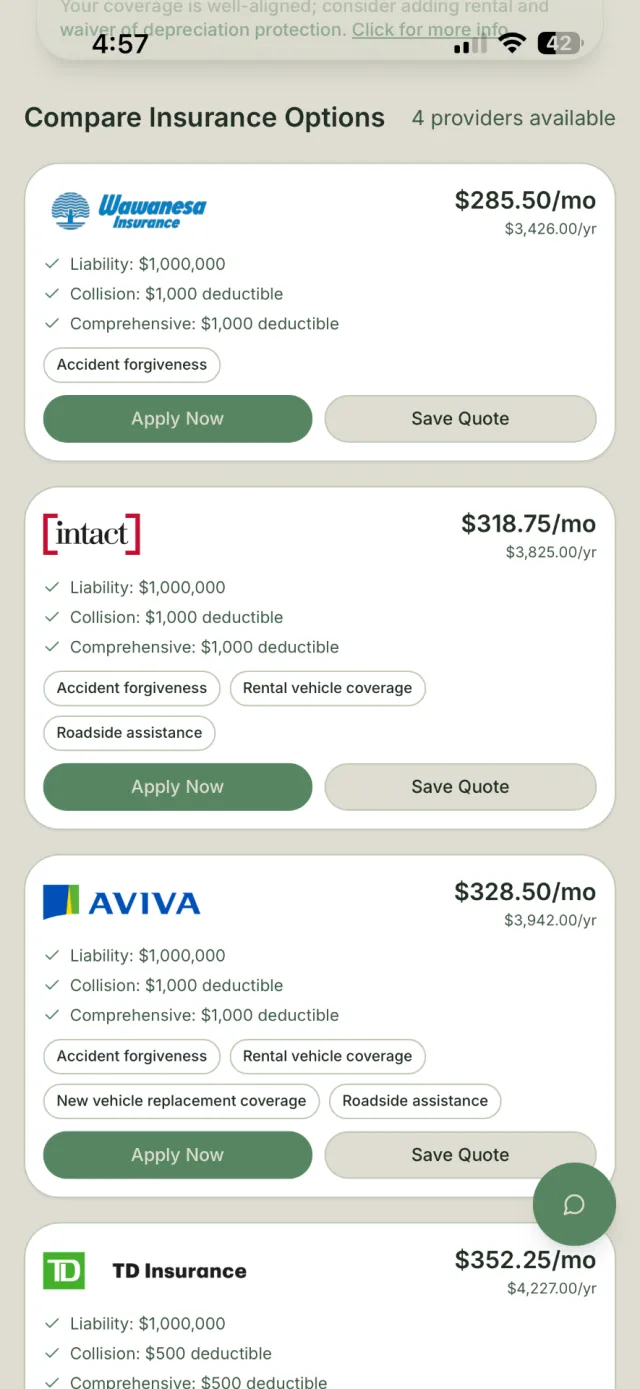 Covera quote comparison preview showing sample auto premiums, coverage limits and deductibles.